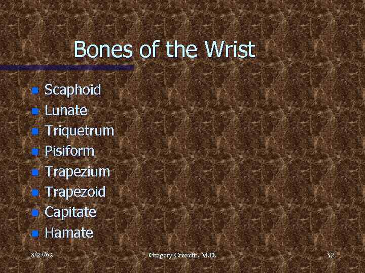 Bones of the Wrist n n n n Scaphoid Lunate Triquetrum Pisiform Trapezium Trapezoid