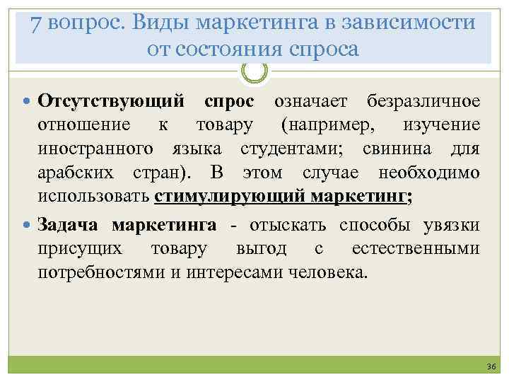 7 вопрос. Виды маркетинга в зависимости от состояния спроса Отсутствующий спрос означает безразличное отношение