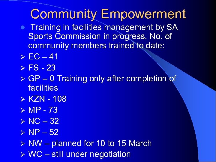 Community Empowerment l Ø Ø Ø Ø Ø Training in facilities management by SA