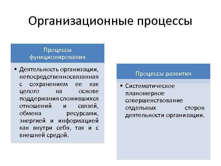 Организационные процессы Процессы функционирования • Деятельность организации, непосредственносвязанная с сохранением ее как целого на