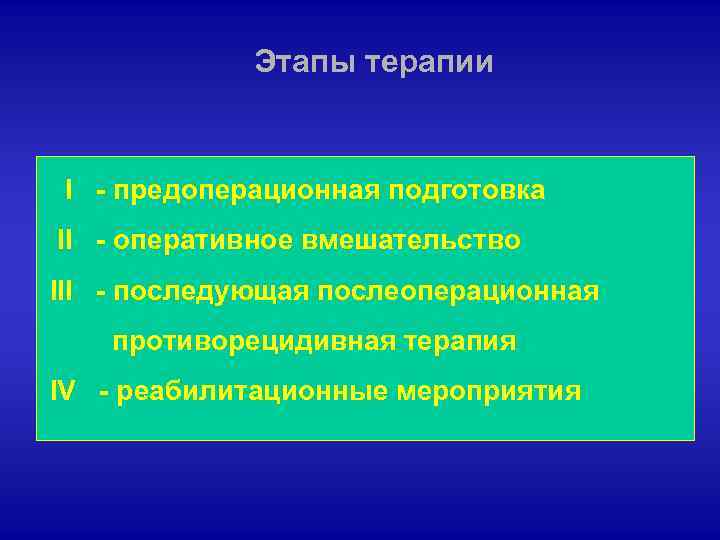 Этапы терапии I - предоперационная подготовка II - оперативное вмешательство III - последующая послеоперационная