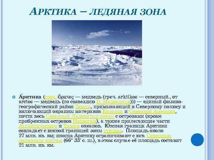 АРКТИКА – ЛЕДЯНАЯ ЗОНА А рктика (греч. ἄρκτος — медведь (греч. arktikos — северный.