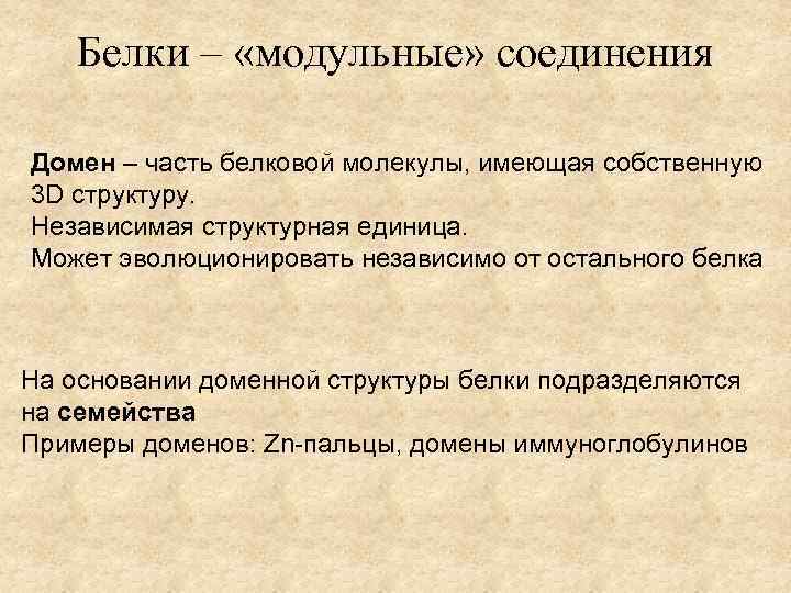 Белки – «модульные» соединения Домен – часть белковой молекулы, имеющая собственную 3 D структуру.