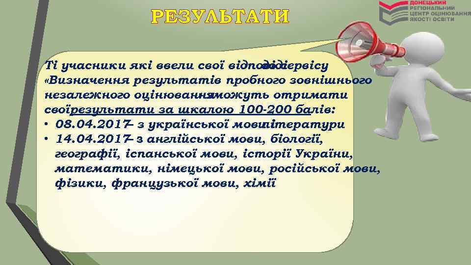 РЕЗУЛЬТАТИ Ті учасники які ввели свої відповіді до сервісу «Визначення результатів пробного зовнішнього незалежного