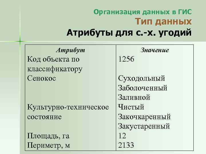 Организация данных в ГИС Тип данных Атрибуты для с. -х. угодий Атрибут Код объекта