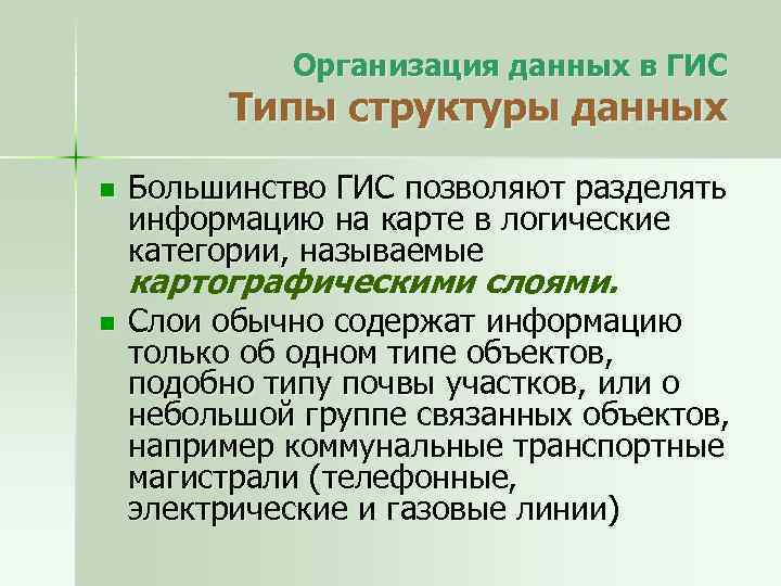 Организация данных в ГИС Типы структуры данных n Большинство ГИС позволяют разделять информацию на