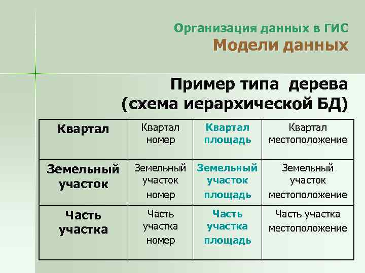 Организация данных в ГИС Модели данных Пример типа дерева (схема иерархической БД) Квартал номер