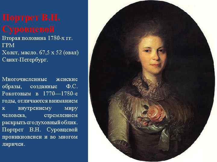 Портрет В. Н. Суровцевой Вторая половина 1780 -х гг. ГРМ Холст, масло. 67, 5