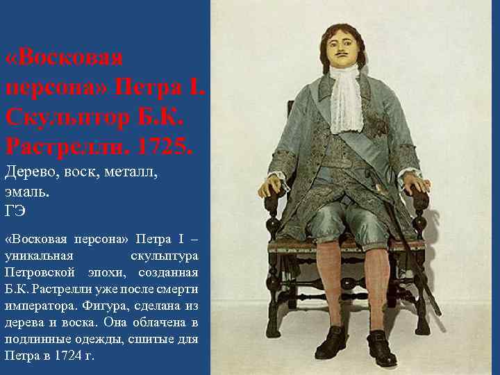  «Восковая персона» Петра I. Скульптор Б. К. Растрелли. 1725. Дерево, воск, металл, эмаль.