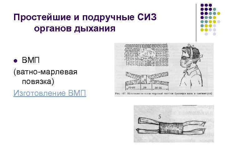 Простейшие и подручные СИЗ органов дыхания ВМП (ватно марлевая повязка) Изготовление ВМП l 