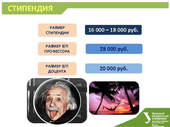 СТИПЕНДИЯ РАЗМЕР СТИПЕНДИИ 16 000 – 18 000 руб. РАЗМЕР З/П ПРОФЕССОРА 28 000