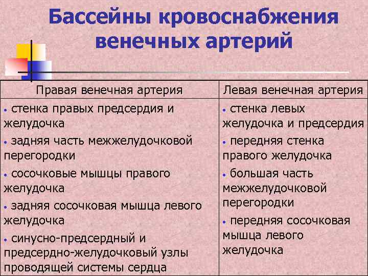 Бассейны кровоснабжения венечных артерий Правая венечная артерия • стенка правых предсердия и желудочка •