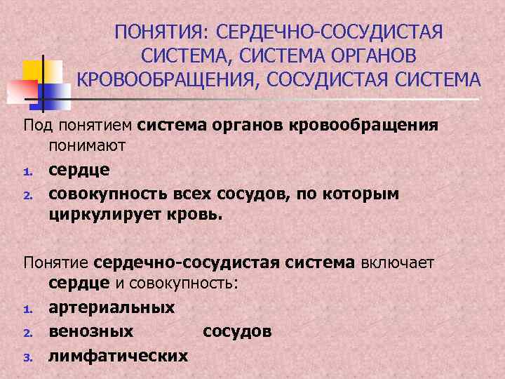 ПОНЯТИЯ: СЕРДЕЧНО-СОСУДИСТАЯ СИСТЕМА, СИСТЕМА ОРГАНОВ КРОВООБРАЩЕНИЯ, СОСУДИСТАЯ СИСТЕМА Под понятием система органов кровообращения понимают