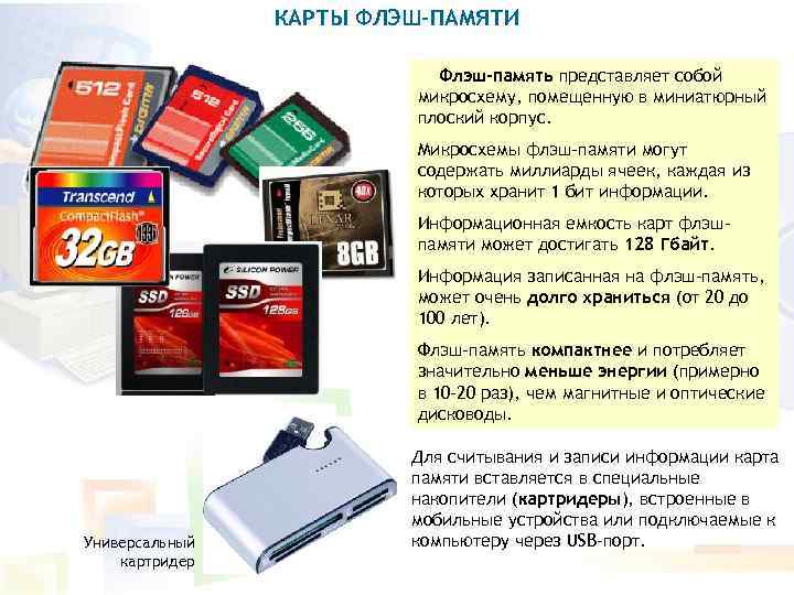 КАРТЫ ФЛЭШ-ПАМЯТИ Флэш-память представляет собой микросхему, помещенную в миниатюрный плоский корпус. Микросхемы флэш-памяти могут