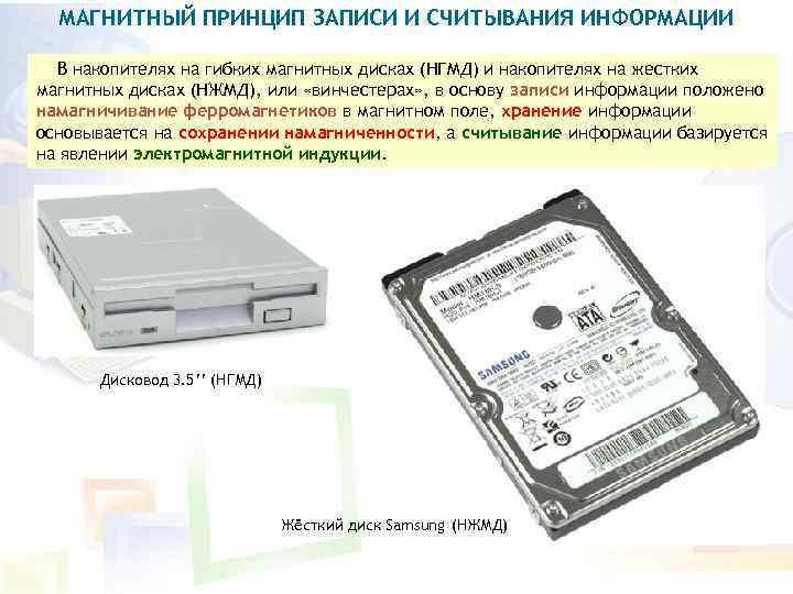 МАГНИТНЫЙ ПРИНЦИП ЗАПИСИ И СЧИТЫВАНИЯ ИНФОРМАЦИИ В накопителях на гибких магнитных дисках (НГМД) и