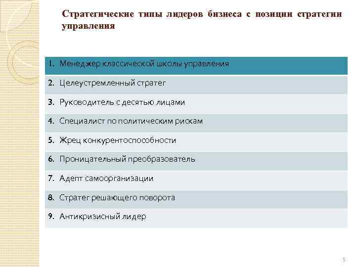 Стратегические типы лидеров бизнеса с позиции стратегии управления 1. Менеджер классической школы управления 2.