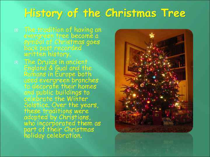 History of the Christmas Tree The tradition of having an evergreen tree become a