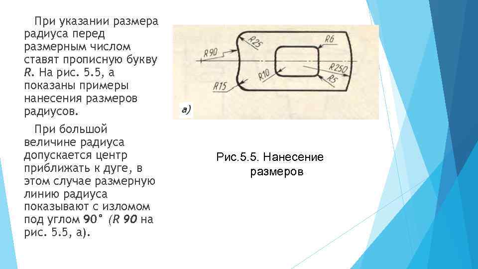 При указании размера радиуса перед размерным числом ставят прописную букву R. На рис. 5.