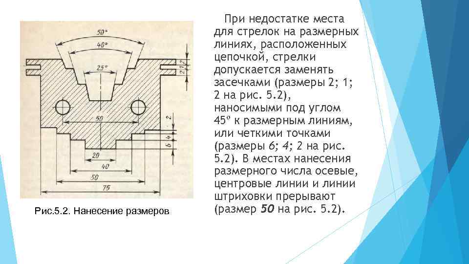 Рис. 5. 2. Нанесение размеров При недостатке места для стрелок на размерных линиях, расположенных