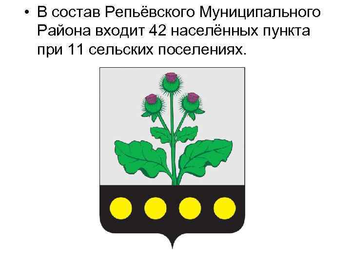  • В состав Репьёвского Муниципального Района входит 42 населённых пункта при 11 сельских