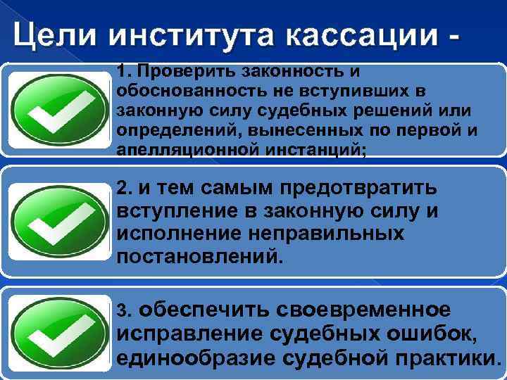 Цели института кассации 1. Проверить законность и обоснованность не вступивших в законную силу судебных