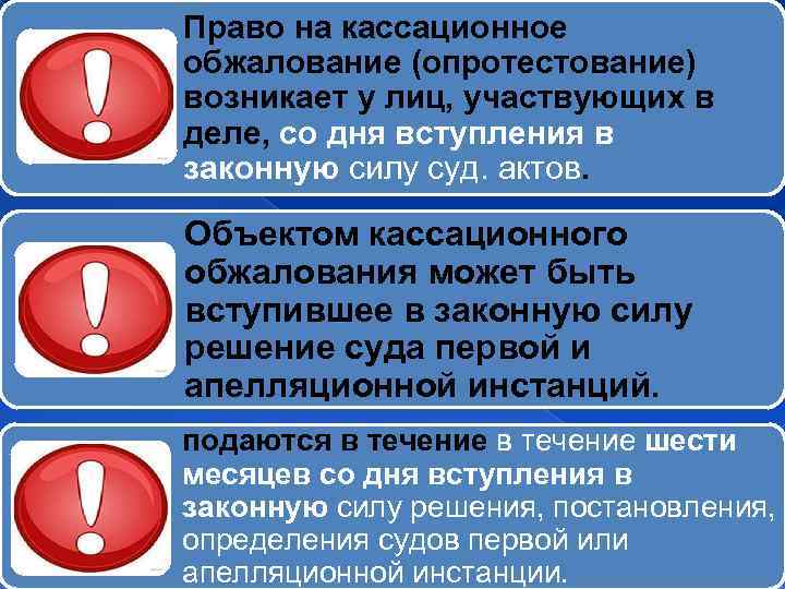 Право на кассационное обжалование (опротестование) возникает у лиц, участвующих в деле, со дня вступления