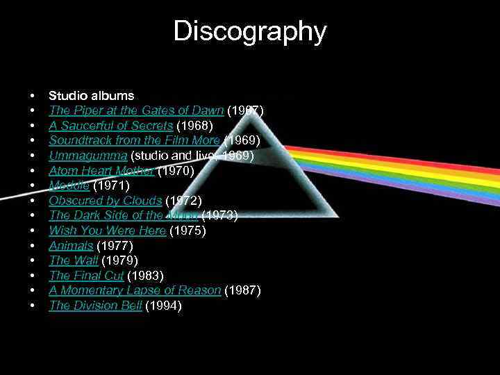 Discography • • • • Studio albums The Piper at the Gates of Dawn