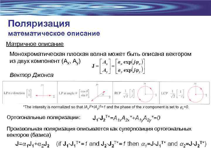 Поляризация математическое описание Матричное описание Монохроматическая плоская волна может быть описана вектором из двух