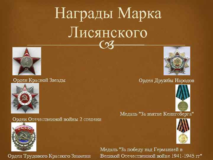 Награды Марка Лисянского Орден Красной Звезды Орден Дружбы Народов Орден Отечественной войны 2 степени