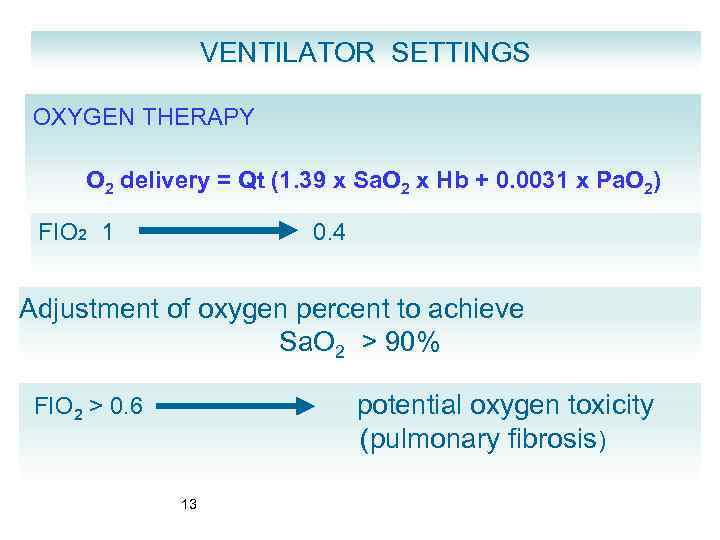 VENTILATOR SETTINGS OXYGEN THERAPY O 2 delivery = Qt (1. 39 x Sa. O