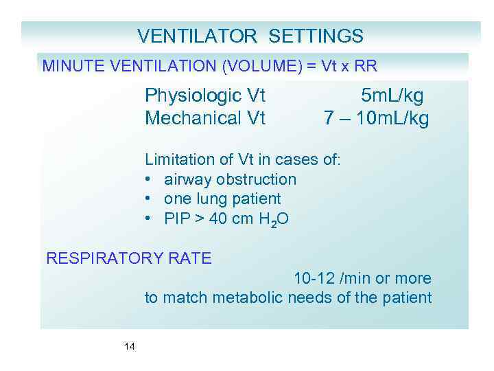 VENTILATOR SETTINGS MINUTE VENTILATION (VOLUME) = Vt x RR Physiologic Vt Mechanical Vt 5