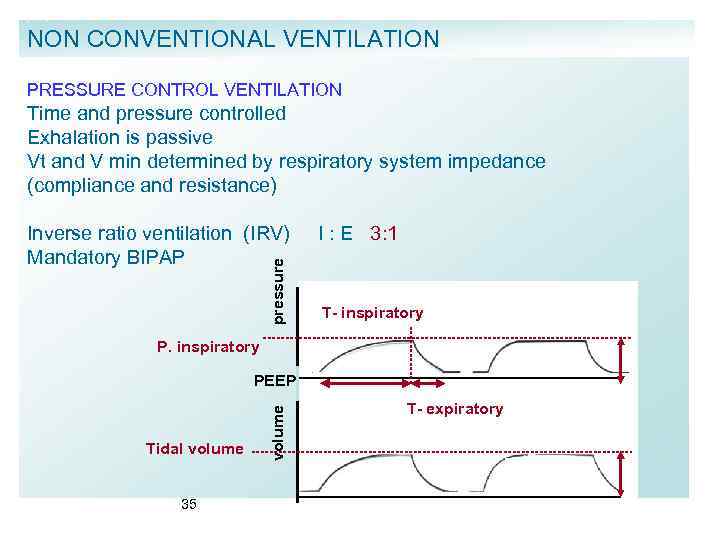 NON CONVENTIONAL VENTILATION PRESSURE CONTROL VENTILATION Time and pressure controlled Exhalation is passive Vt