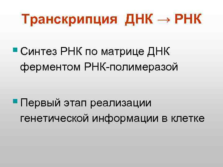 Транскрипция ДНК → РНК § Синтез РНК по матрице ДНК ферментом РНК-полимеразой § Первый