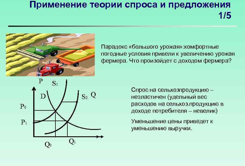 Применение теории спроса и предложения 1/5 Парадокс «большого урожая» : комфортные погодные условия привели