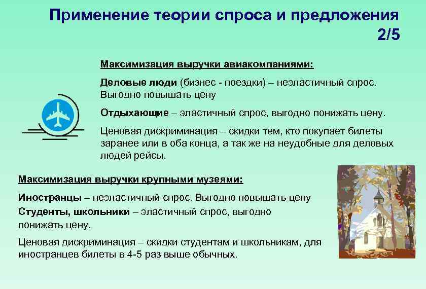 Применение теории спроса и предложения 2/5 Максимизация выручки авиакомпаниями: Деловые люди (бизнес - поездки)