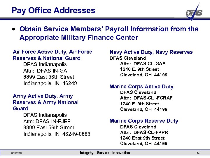 Pay Office Addresses • Obtain Service Members’ Payroll Information from the Appropriate Military Finance