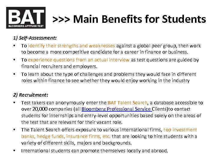 >>> Main Benefits for Students 1) Self-Assessment: • To identify their strengths and weaknesses