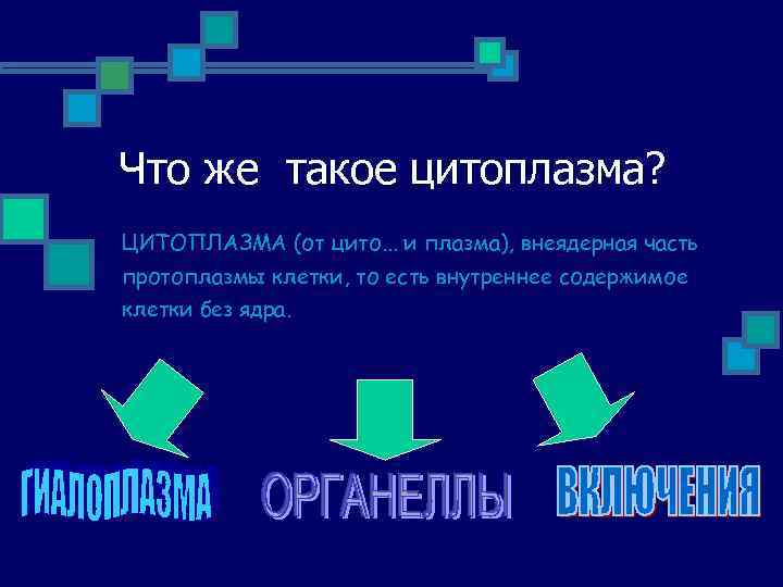 Что же такое цитоплазма? ЦИТОПЛАЗМА (от цито. . . и плазма), внеядерная часть протоплазмы