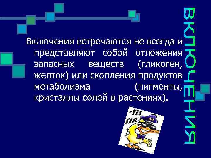 Включения встречаются не всегда и представляют собой отложения запасных веществ (гликоген, желток) или скопления