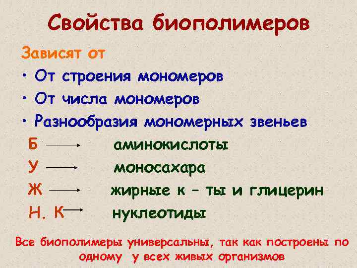 Свойства биополимеров Зависят от • От строения мономеров • От числа мономеров • Разнообразия