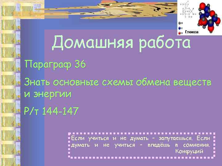 Домашняя работа Параграф 36 Знать основные схемы обмена веществ и энергии Р/т 144 -147