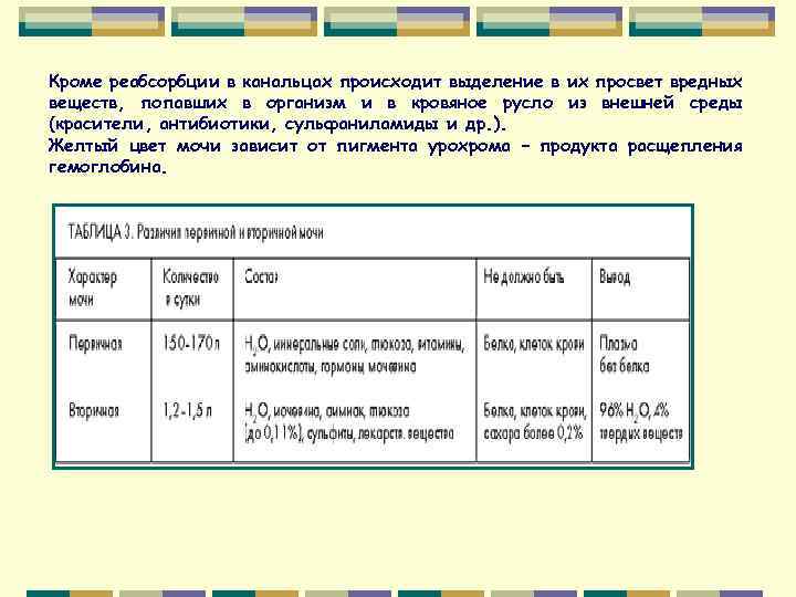 Кроме реабсорбции в канальцах происходит выделение в их просвет вредных веществ, попавших в организм