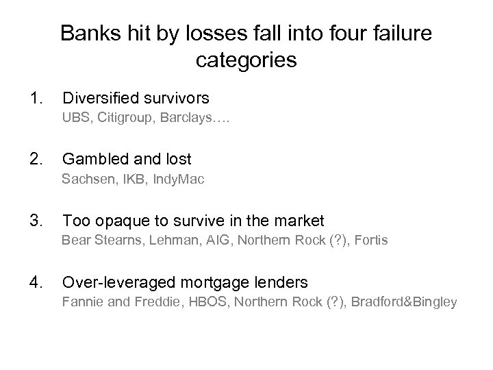 Banks hit by losses fall into four failure categories 1. Diversified survivors UBS, Citigroup,