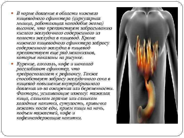  В норме давление в области нижнего пищеводного сфинктера (циркулярная мышца, работающая наподобие жома)