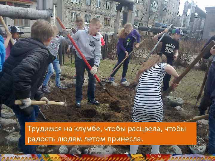 Трудимся на клумбе, чтобы расцвела, чтобы радость людям летом принесла. 