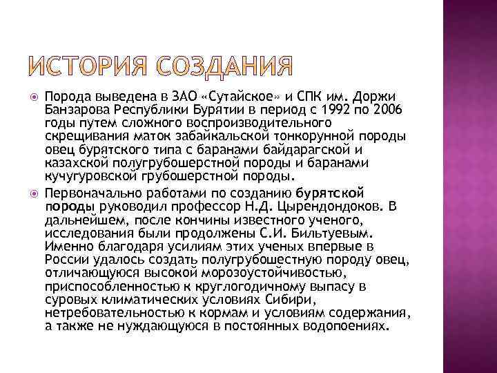  Порода выведена в ЗАО «Сутайское» и СПК им. Доржи Банзарова Республики Бурятии в