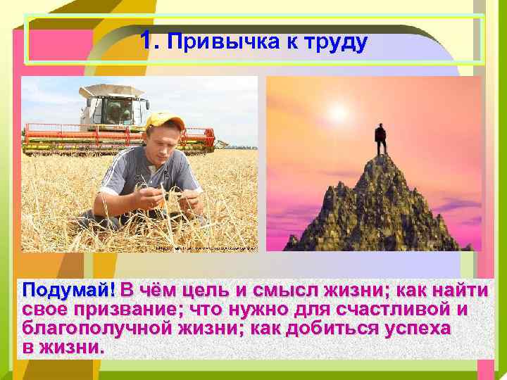 1. Привычка к труду Подумай! В чём цель и смысл жизни; как найти свое