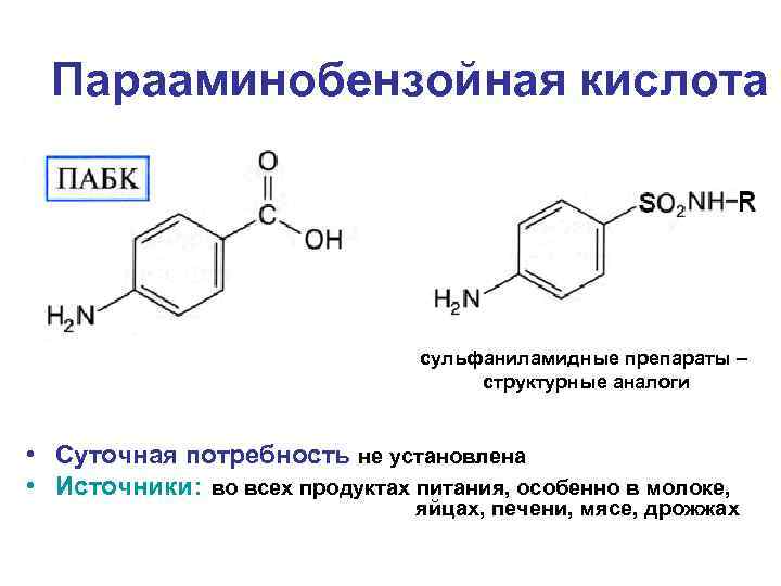 Парааминобензойная кислота сульфаниламидные препараты – структурные аналоги • Суточная потребность не установлена • Источники: