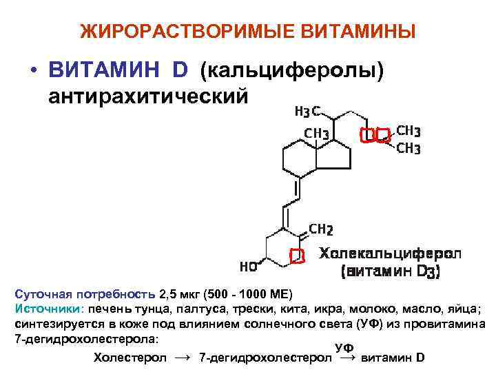 ЖИРОРАСТВОРИМЫЕ ВИТАМИНЫ • ВИТАМИН D (кальциферолы) антирахитический Суточная потребность 2, 5 мкг (500 -