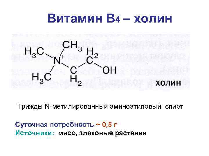 Витамин В 4 – холин Трижды N метилированный аминоэтиловый спирт Суточная потребность ~ 0,